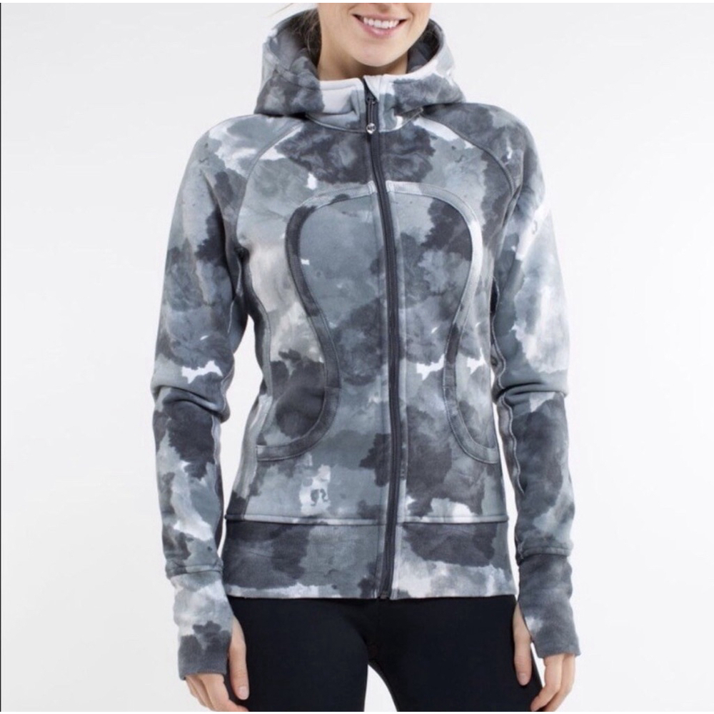 Lululemon Scuba Hoodie Full Zip Size 4 Gray White Tie Dye Logo Headband